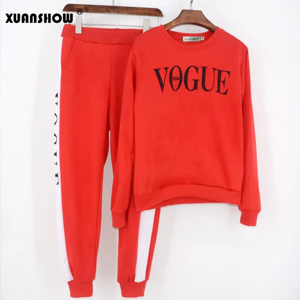 Red XUANSHOW Осень зима 2 предмета женщины VOGUE Буквы напечатанный Толстовка+ брючный костюм Спортивные остюмы Длинный рукав Спортивная одежда Снаряжение - Цвет: Red