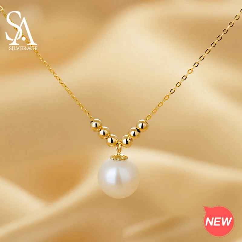 White Pearl SA SILVERAGE18K, желтое золото, Пресноводный Жемчуг, подвеска, ожерелья для женщин, розовый/белый/фиолетовый, круглый шар, жемчужные ожерелья, трендовые - Цвет камня: White Pearl