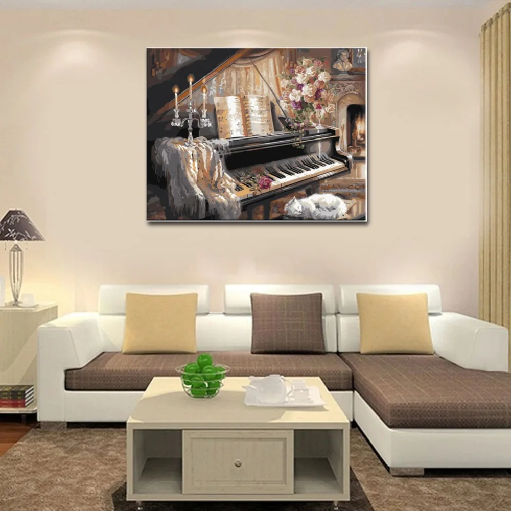 RIHE Piano Diy Краска по номерам живопись маслом Кот музыка Куадрос Decoracion Акриловая Краска на холсте Современная Настенная живопись подарок