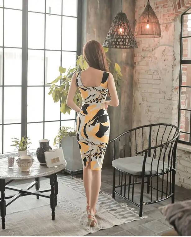 Vestidos Новое корейское Высокое качество горячий стиль Печать сексуальный квадратный вырез тонкий посылка пакет ягодицы платье