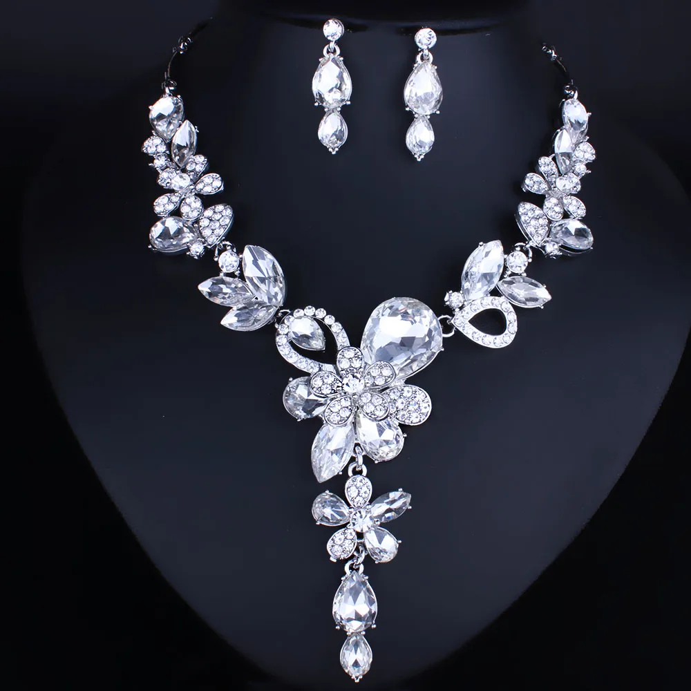 

Fashion African Jewelry Set Exquisite Crystal Rhinestones Flower Necklace and Earrings Set Wedding Jewelry sets For Bridal
