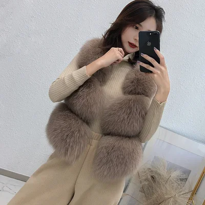 Khaki Женский жилет из натурального Лисьего меха, женский зимний Осенний жилет из натурального Лисьего меха, Модный женский жилет, жилет из натурального меха для женщин - Цвет: Khaki