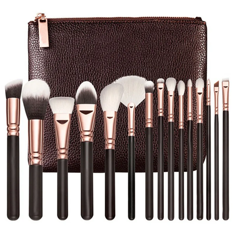 15 Cosmetic Brushes Set Rose Gold Black Wood Handle with Tools | Красота и здоровье