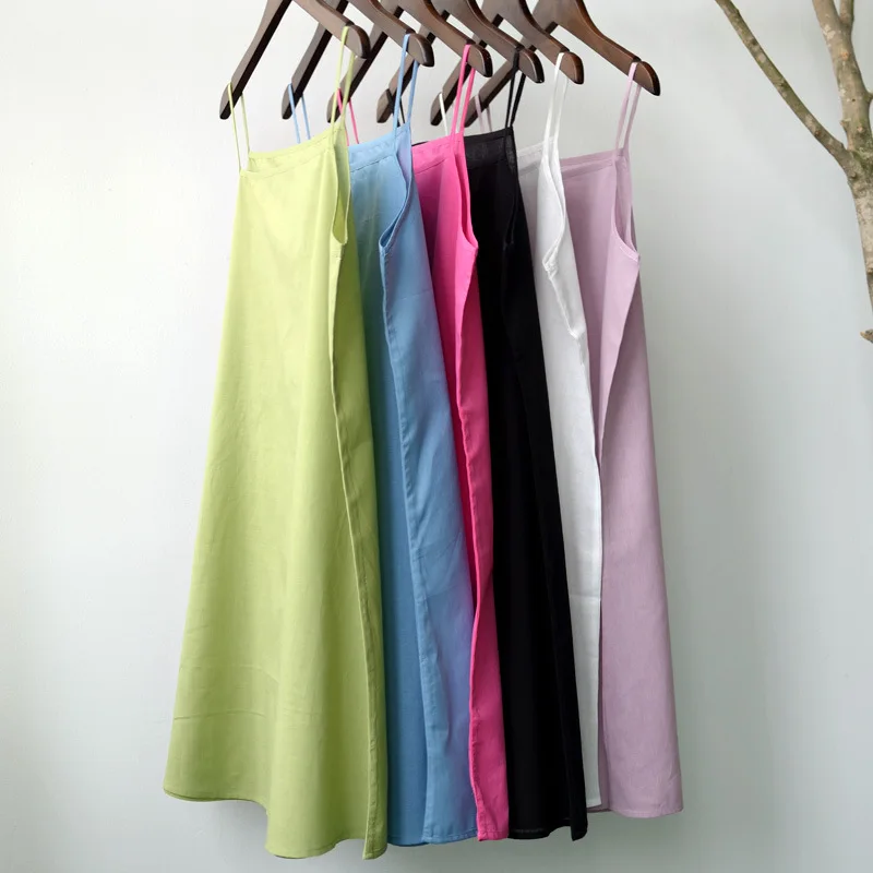 Женское Хлопковое платье на бретельках однотонное летнее простые платья|spaghetti