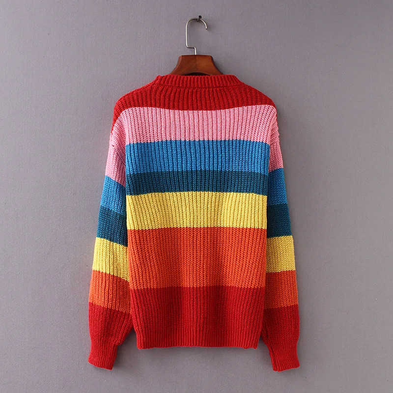 OMCHION Sueter Muje 2018 Autumn O Neck Chic Rainbow Sweater Casual Loose Retro Women Pullover Korean Knitwear Jumper LMM177 | Женская