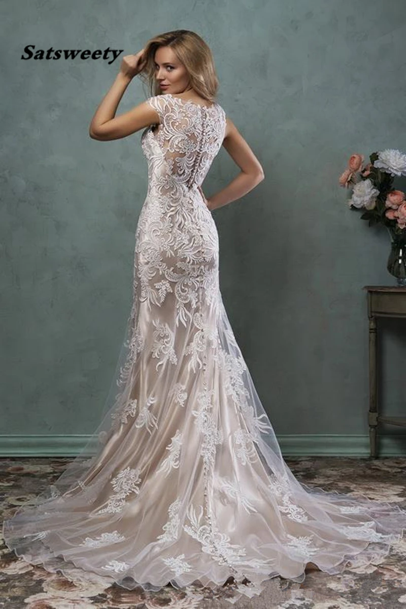 Lace Wedding Dresses Mermaid Bridal Gown With Sheer Back Covered Button Ivory Nude Court Train Amelia Sposa Custom Made | Свадьбы и