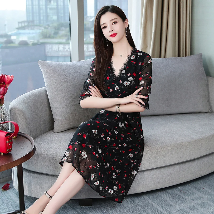 Размера плюс летнее платье из шифона с цветочным рисунком в стиле Бохо миди 2021