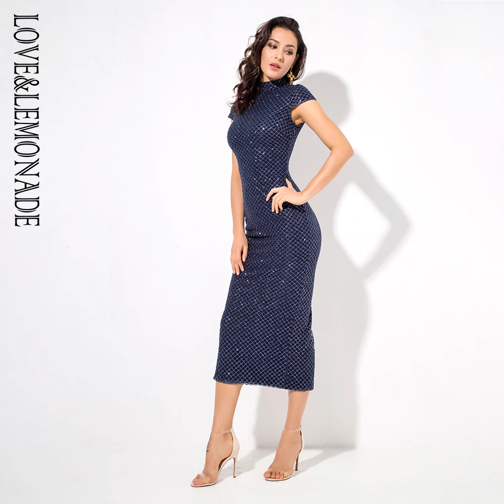Женское облегающее вечернее платье LOVE & LEMONADE темно синее в клетку со стоячим