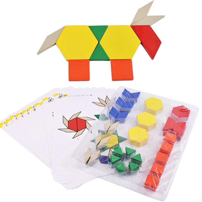 High Quality Colorful Geometric Jigsaw Puzzle Children Learning Practice square triangle Pentagon diamond trapezoid wooden Toys | Игрушки и