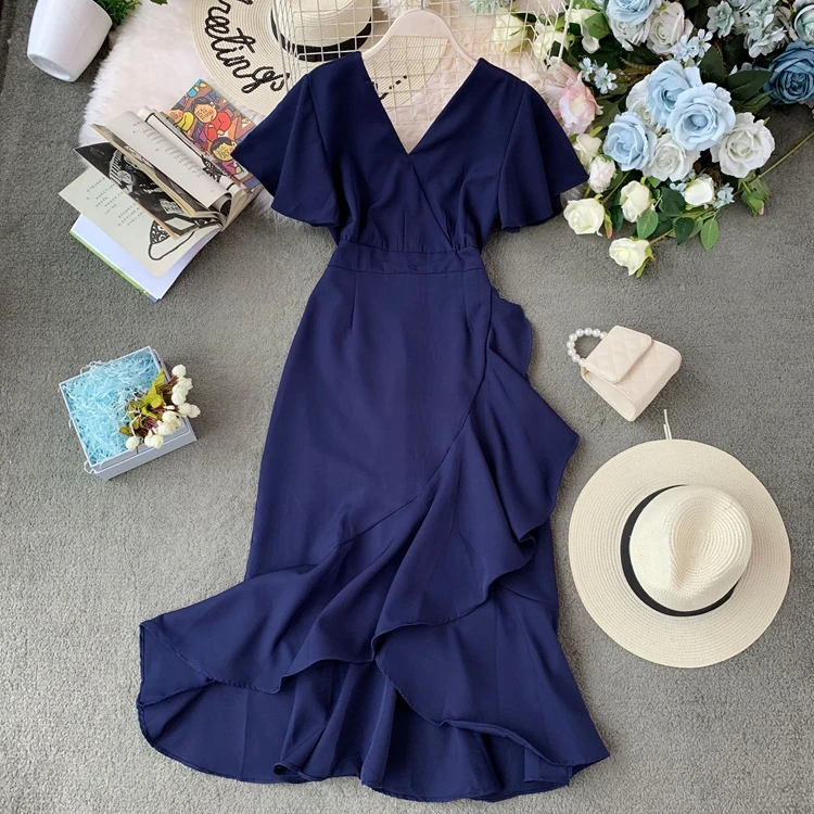 Платье женское с треугольным вырезом высокой талией и коротким рукавом | Женская