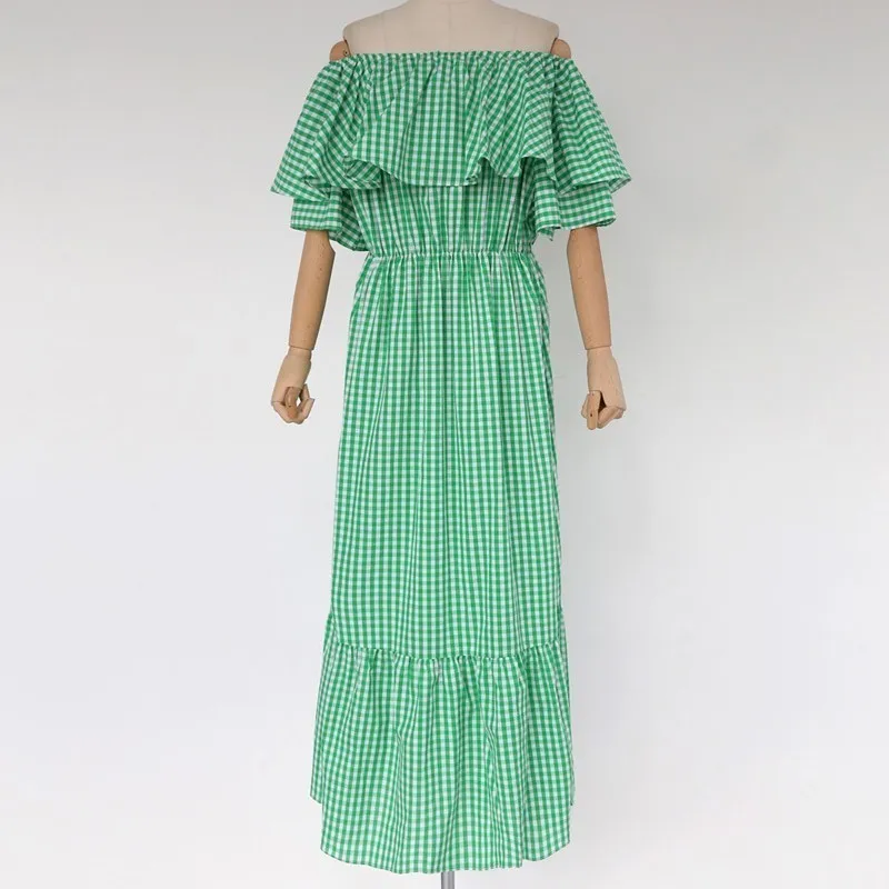 

CHICEVER Elegant Plaid Dress For Women Off Shoulder Slash Neck Short Sleeve High Waist Ruffles Midi Dresses Female Summer 2020