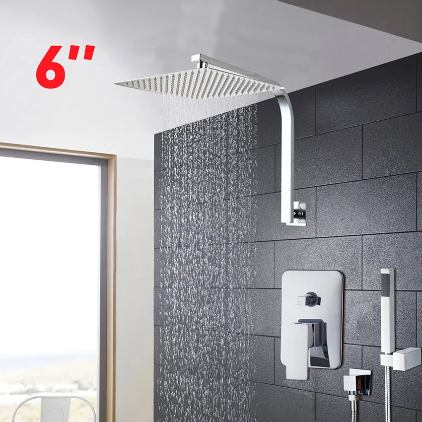 6 Inch Shower Set JIENI 8, 10, 12, 16 дюймов светодиодный дождевой душевой набор для ванной комнаты, ручная Душевая насадка, настенный квадратный хромированный латунный душевой набор с водопадом - Цвет: 6 Inch Shower Set