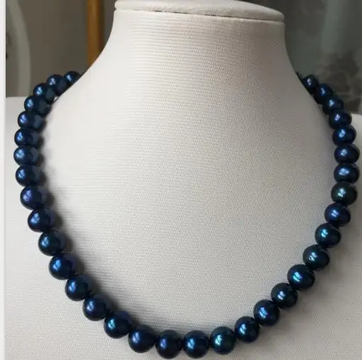 

stunning AAA 9-10Tahitian round black blue pearl necklace 18inch 925 silver