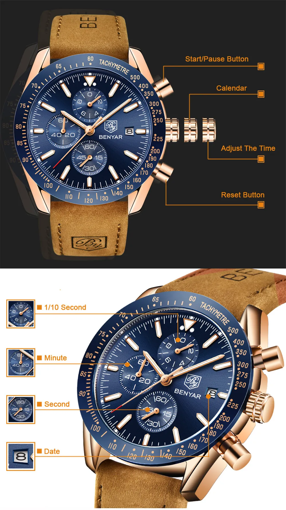 Men Watches BENYAR Brand Luxury Silicone Strap Waterproof Sport Quartz Chronograph Military Watch Men Clock relogio masculino