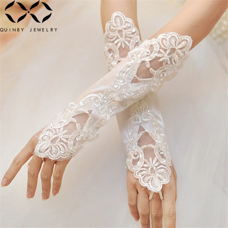 Quinby Wedding Gloves Women Fingerless Bridal Gloves Long Sequin Lace gant mariage femme Party gloves Wedding Accessories Q5