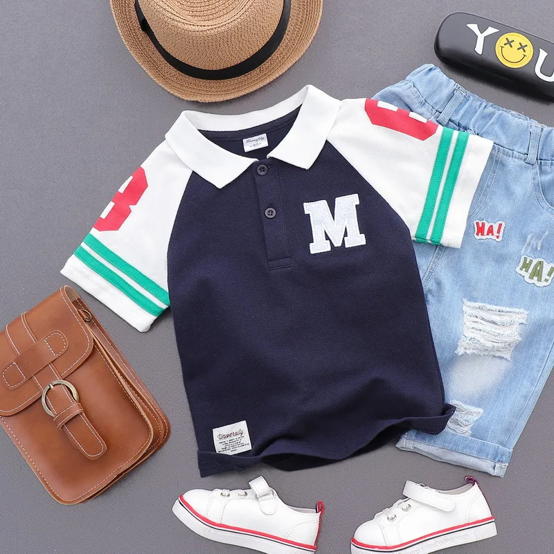 Летняя хлопковая цветная рубашка поло с короткими рукавами для маленьких