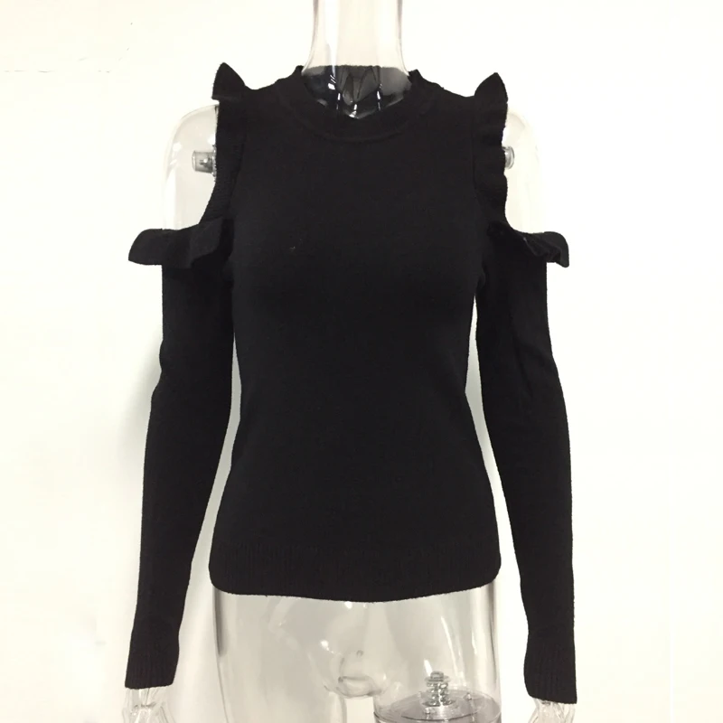 Кружево девушка 2017 Для женщин Зимняя одежда оборками с плеча вязаный свитер