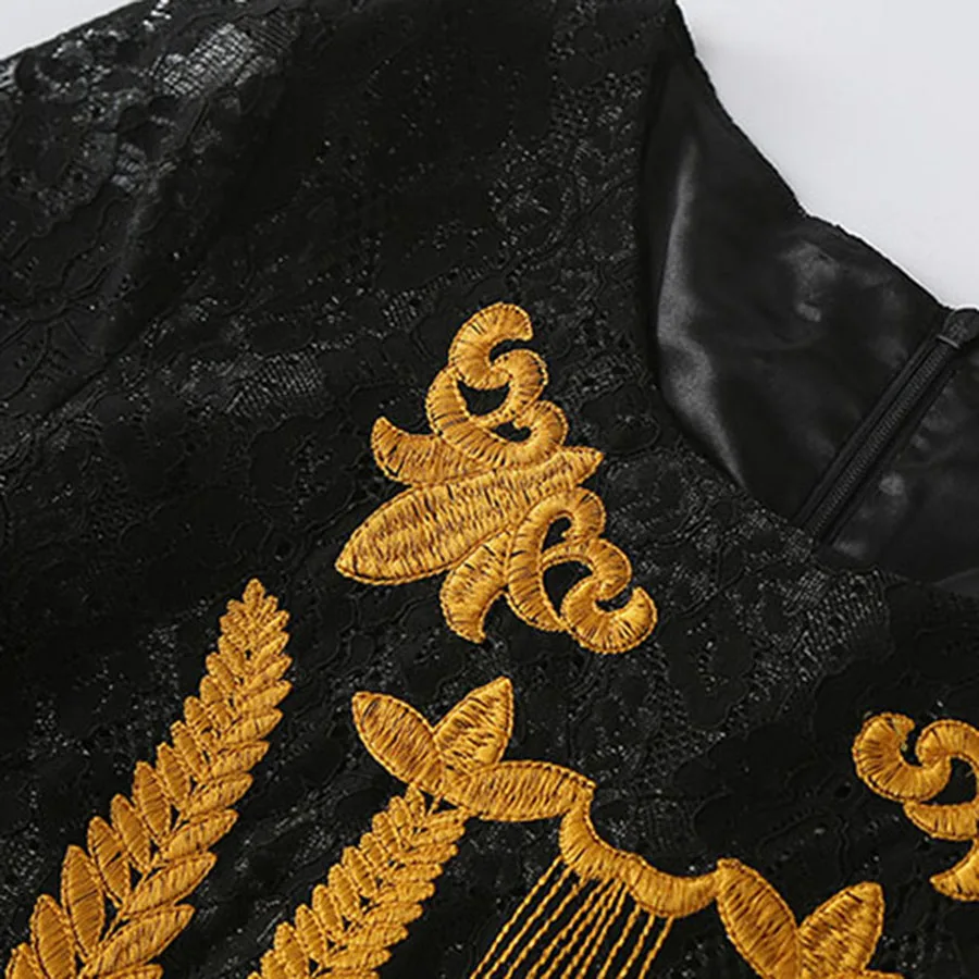 

AELESEEN Runway Fashion Lace Dress Women 2021 Summer Shiny Black Vintage Dress Yellow Flower Embriodery Office Ladies Midi Dress