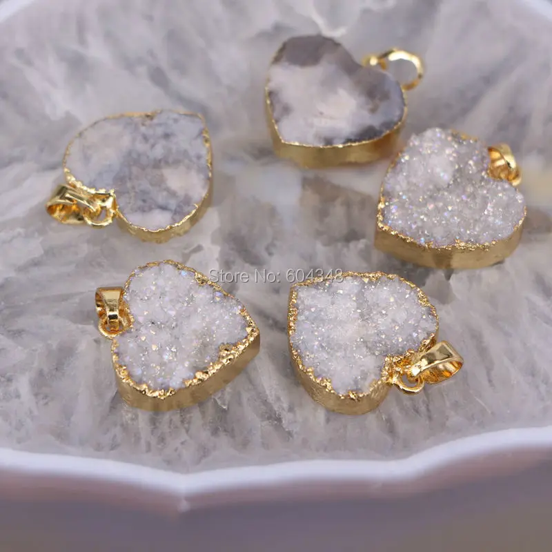5pcs Charm Quartz Pendant Heart Gold color White AB Crystal Drusy Gem stone For Jewelry Making | Украшения и аксессуары