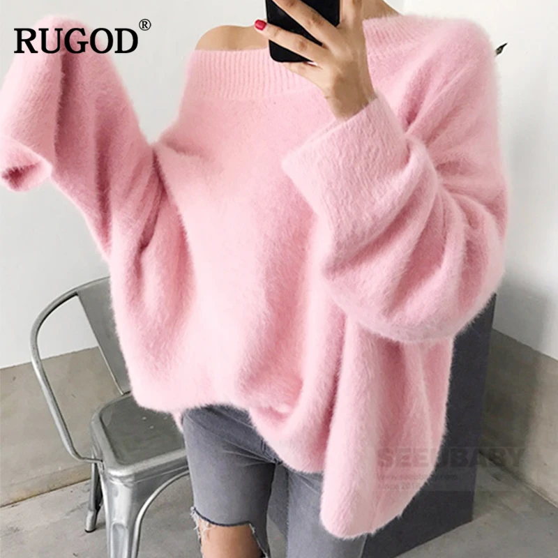 RUGOD 2019 Autumn and winter New White Pink Oversize Loose Slash Neck Hight Street style women sweater Pullovers korean | Женская одежда