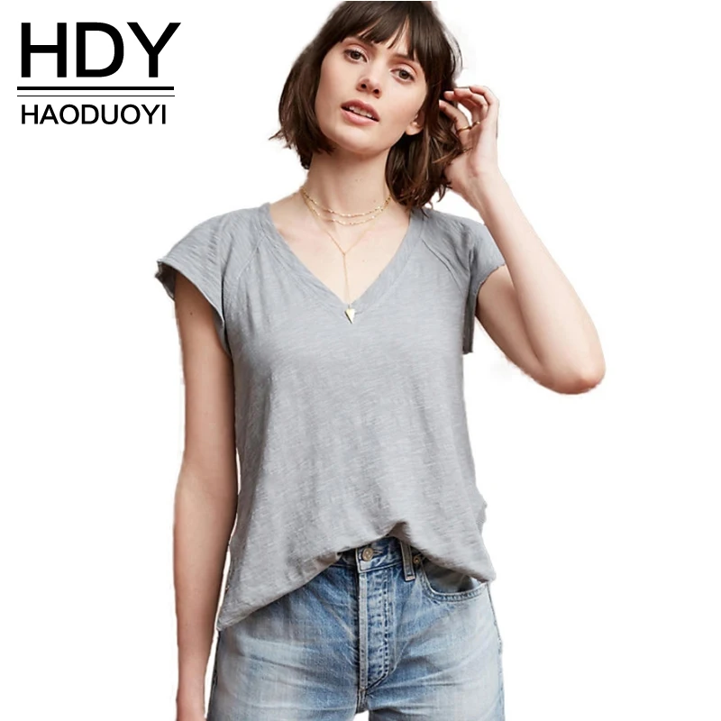 HDY Haoduoyi 2017 Модная футболка Для женщин Повседневное Твердые серый/красный v