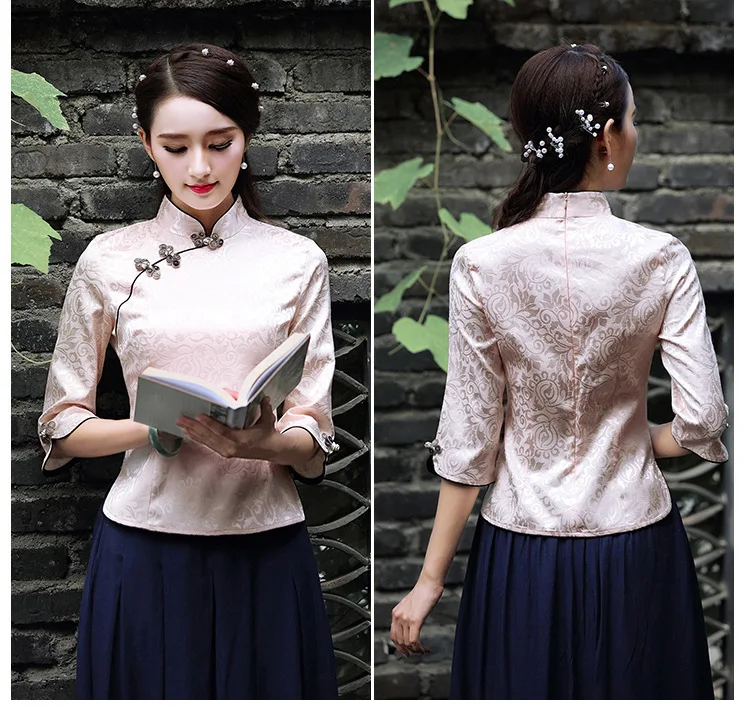 Женский китайский Топ Cheongsam, блузка из хлопка с вышивкой сливы, 7 точек, рукав Tang 4XL размера плюс
