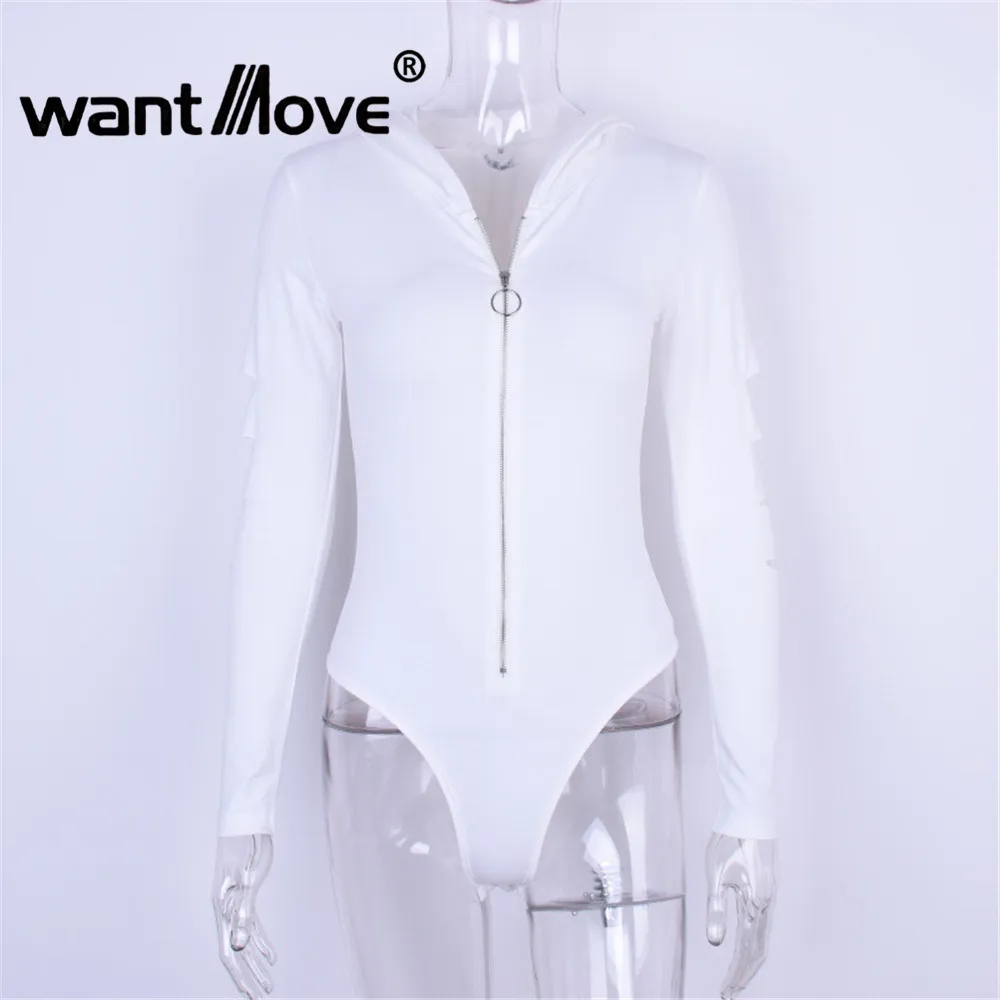 

Wantmove deep V-neck sexy zipper hoodie long sleeve hole fashion women bodysuits 2018 summer beach skinny solid jumpsuit WM227