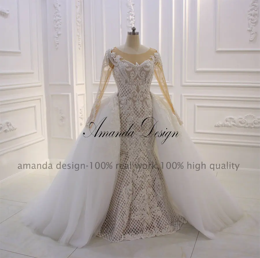 Аманда дизайн vestido de noiva с длинными рукавами Русалка Кружева свадебное платье со съемной юбкой