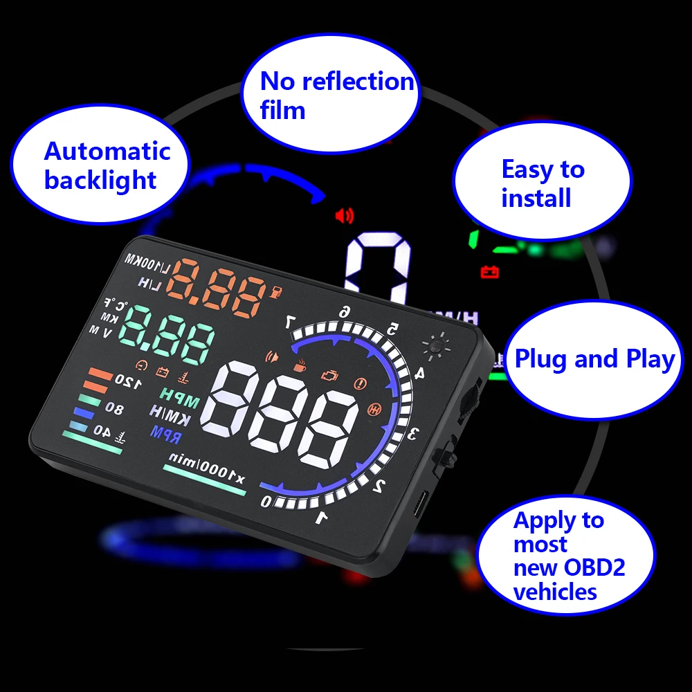 

RMLKS A8 5,5 "HUD Автомобильный дисплей светодиодный лобовое стекло проектор OBD2 сканер скорость предупреждение расход топлива данных диагностики