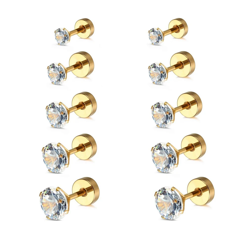 

1 Pair Steel/Gold Stud Earrings For Women/Men Zircon Ear Piercing Studs 316L Surgical Steel Jewelry 3mm-7mm