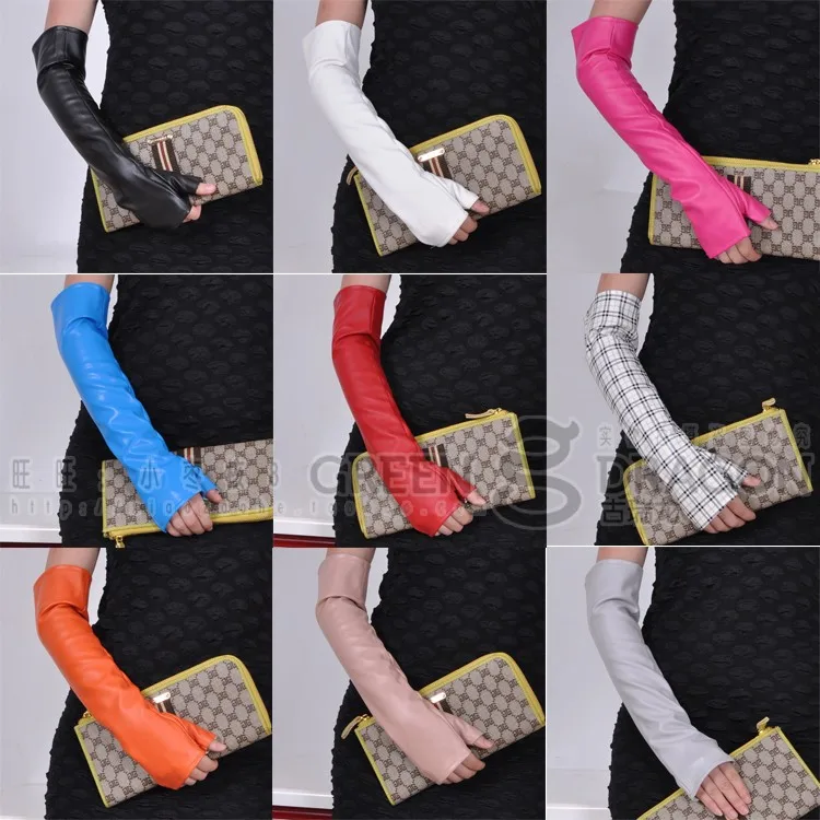 

New women's long gloves fashion sexy fingerless gloves long PU leather gloves 10 colors 40cm length