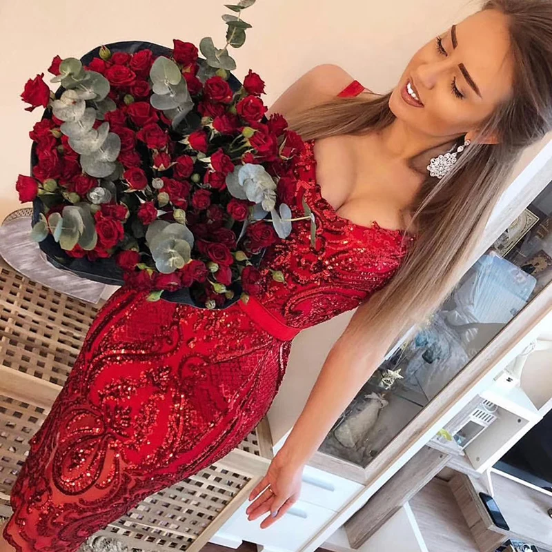 Летнее платье Женское Vestidos сексуальное с v-образным вырезом пайетки красный