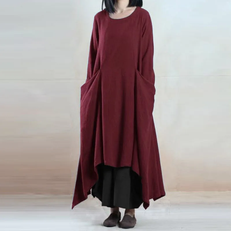 ZANZEA осеннее офисное платье пуловер средней длины с круглым вырезом и длинными