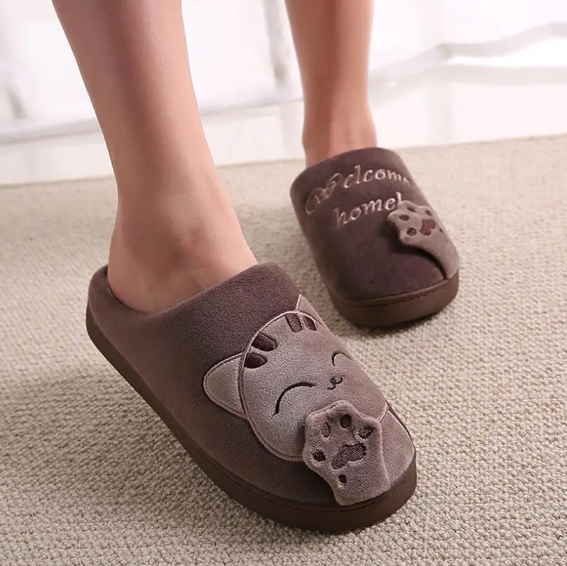 Slippers Brown NOOLIM/зимние женские тапочки с изображением из мультфильма Lucky Cat; нескользящая домашняя обувь; мужская домашняя обувь для влюбленных пар; теплая плюшевая обувь - Цвет: Slippers Brown