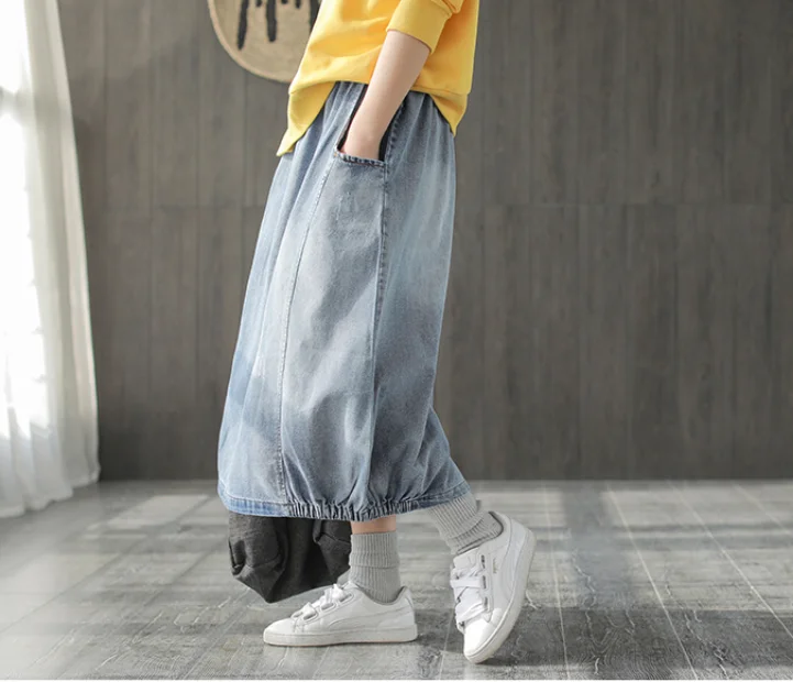 Небесно-голубой Spring Autumn Skirt Fashion Women Large size Denim skirt New Ladies Elastic Waist pocket Bleached Mori girl Casual Loose skirt - Цвет: Небесно-голубой