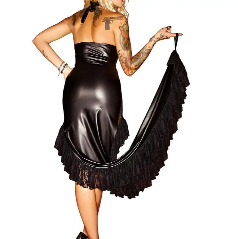 

YQ52 2017 Faux Leather Bodycon Dress Sexy Backless Party Dress Club Wear Black Lace Halter Front Short Back Long Cami Dress