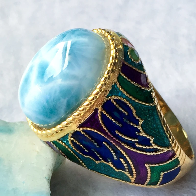 Фото Натуральное серебряное кольцо larimar, овальное 12 мм * 16 мм, редкий синий камень larimar, модное и популярное для вечеринок №3