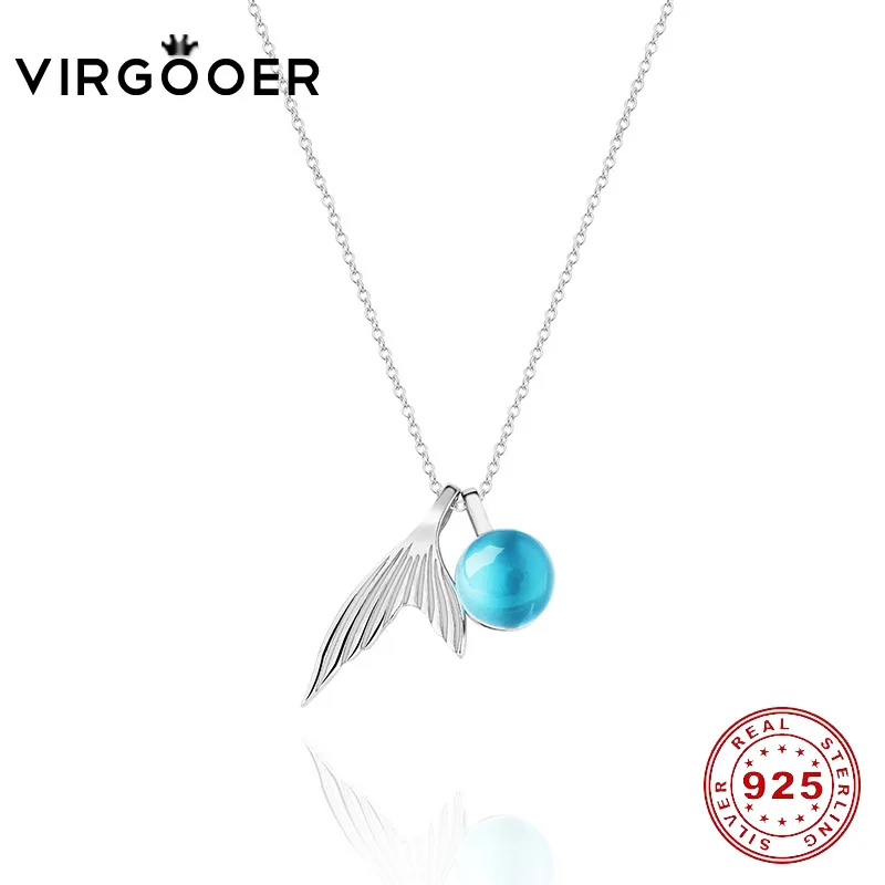 virgooer s925 silver Mermaid Tail Blue Pendant Necklace for women elegant jewelry gift Foam Crystal Necklaces wholesales | Украшения и