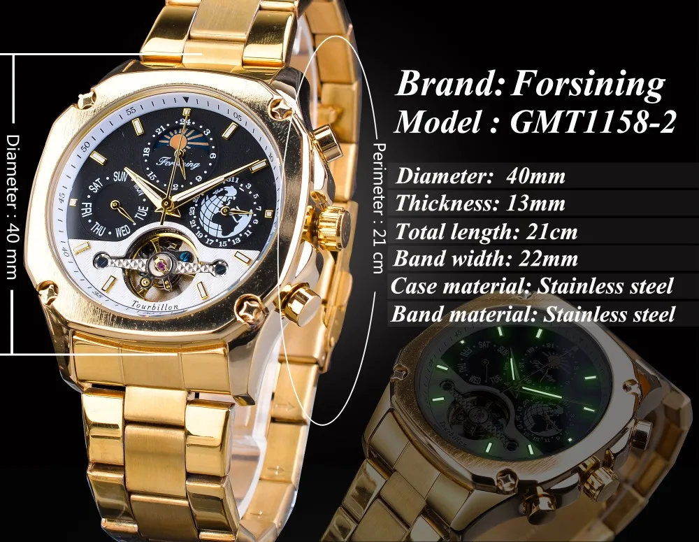 Forsining Grand, золотые автоматические часы, турбийон, Moonphase, мужские механические часы с календарем, стальные ремни, наручные часы, Relogio