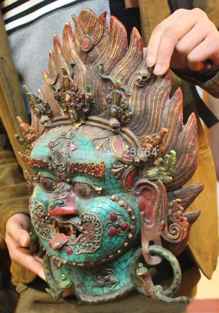 16 &quotТибетский буддизм бронзовый бирюзовый маскарадная статуя маска для