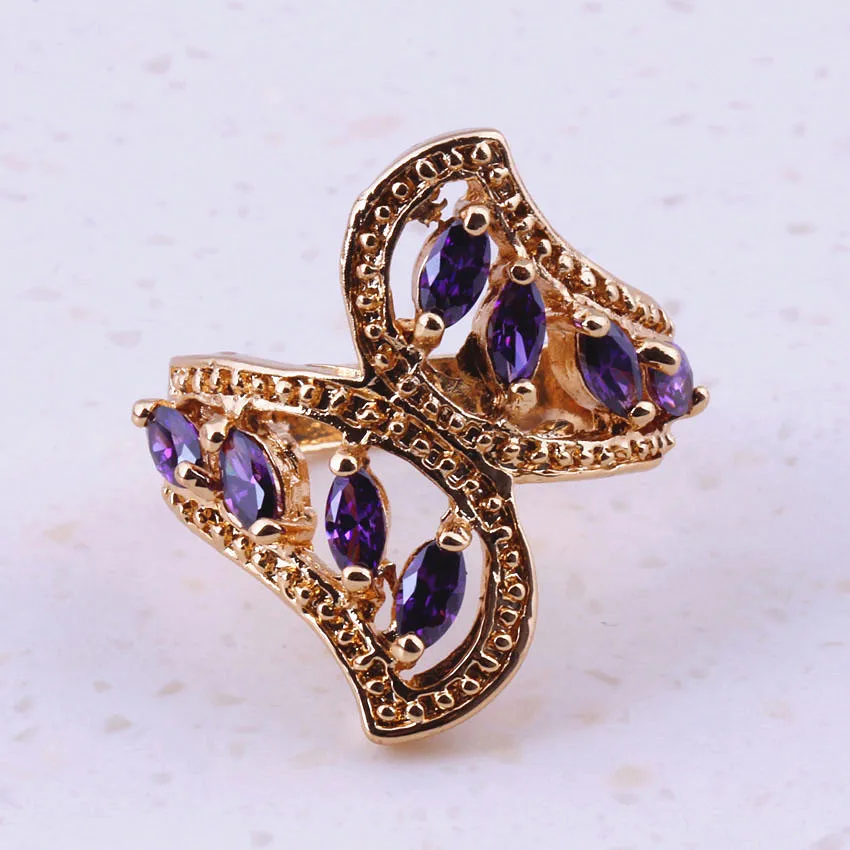 Lovely Purple Austrian Crystal Yellow Gold Color Rings For Women Party Engagement Cheap Fashion Jewelry Free Gift Box I0012 | Украшения и