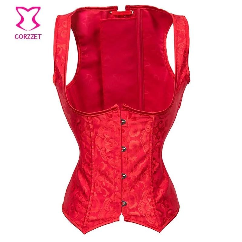 Corzzet Red Bridal Jacquard Steel Boned Steampunk Corset Vest Waist Slimming Gothic Body Shaper Underbust Corsets And Busiters