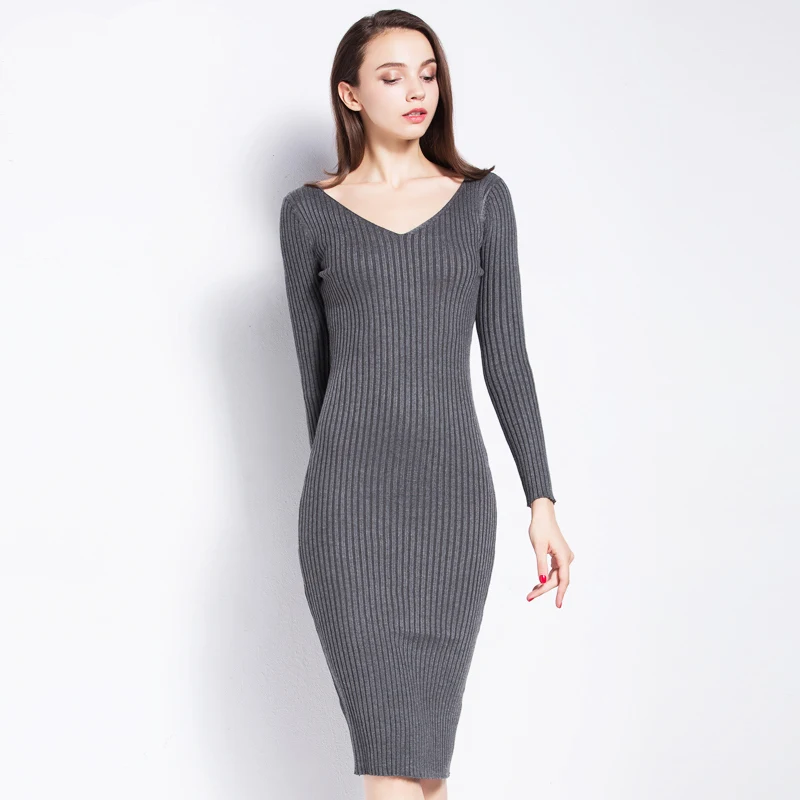 Vintage Double V-Neck Knee-Length Knitted Dress Women One-Piece Pullovers Winter Female New Fashion Sheath Sweater | Женская одежда