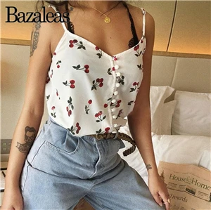 W1517 cherry Bazaleas, винтажный, вишневый принт, Женская майка, на пуговицах, Сексуальный Топ для женщин, модная женская майка, топы, повседневная, мягкая, хлопковая, на бретелях - Цвет: W1517 cherry