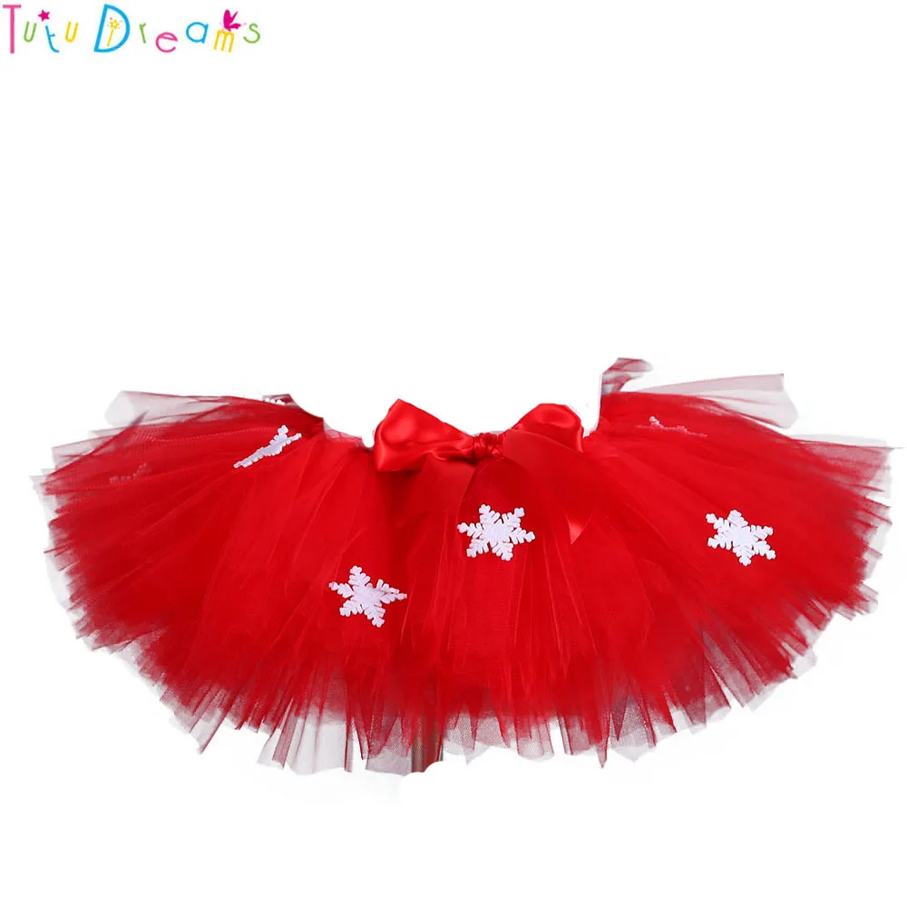 Christmas Red Color Snowflake Girl Tutu Skirt Puffy Cute Princess Girls New Year Ribbons Tulle Skirts Holidays Festival Costume