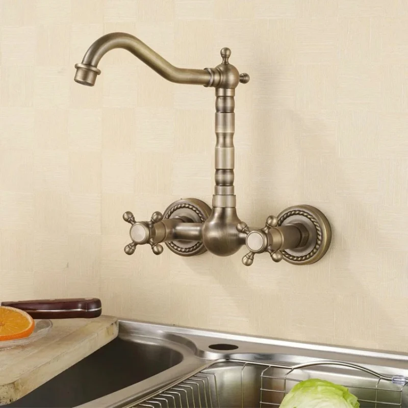 Бесплатная доставка Античный кухонный кран двойной держатель настенный