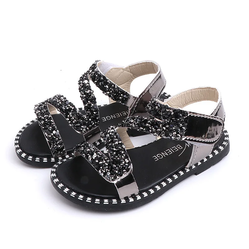 Сандалии для девочек блеск новые летние модные блестящие со стразами обувь с