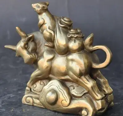 Китайский латунный феншуй Oxen Bull мышь богатство счастливое Искусство Статуя
