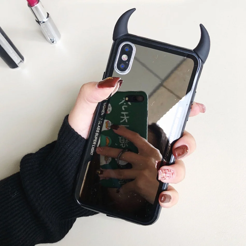 Black with horn ICasiber роскошный зеркальный чехол для телефона для iPhone 7, 6, 6 S, 5, 8 Plus, милый чехол с рогом дьявола для iPhone X, XS, Max, XR, жесткий акриловый чехол на заднюю панель - Color: Black with horn