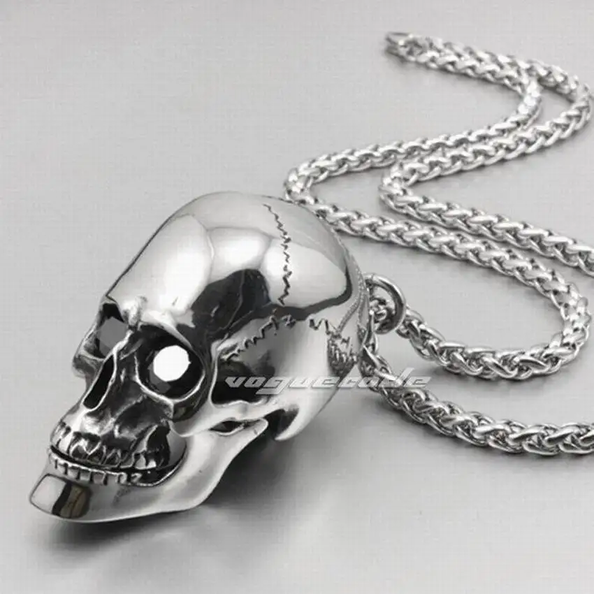 

LINSION Huge Heavy 316L Stainless Steel Black CZ Eyes Skull Pendant Mouth Openable Mens Biker Style 4S020 Steel Necklace 24inch